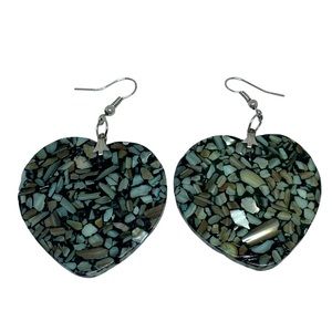 Euro wire heart earrings simulated granite green gray black tan 2.5 x 1.5 inches